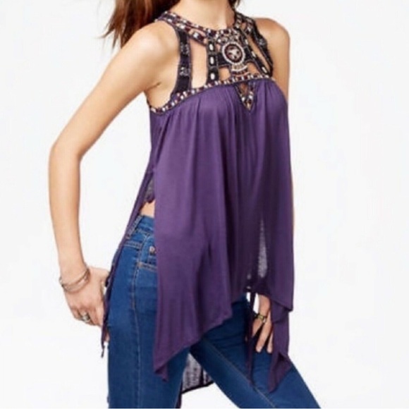 New‎ Free People Quest Tank Top Tunic Split Sides Blouse Aztec Beaded - Picture 8 of 16
